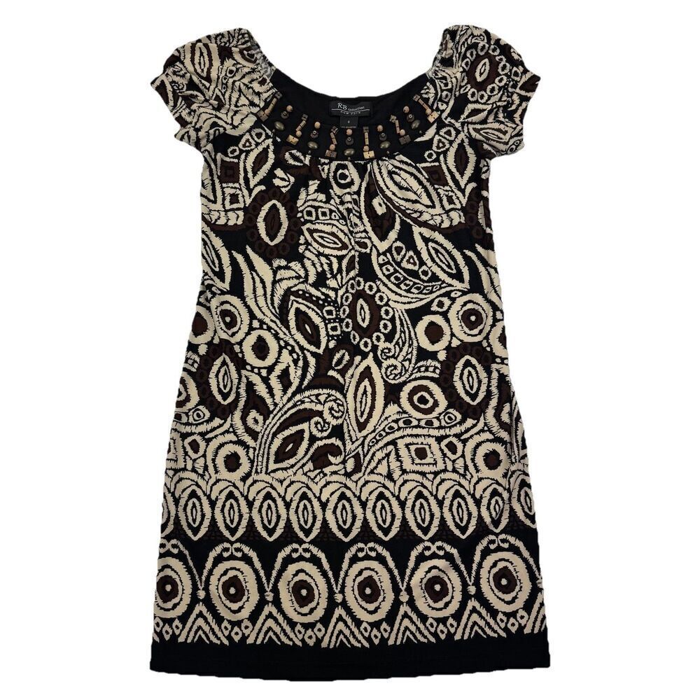 RB Collection Beaded Neckline Dress Womens Size 8 Black Brown Boho Shift